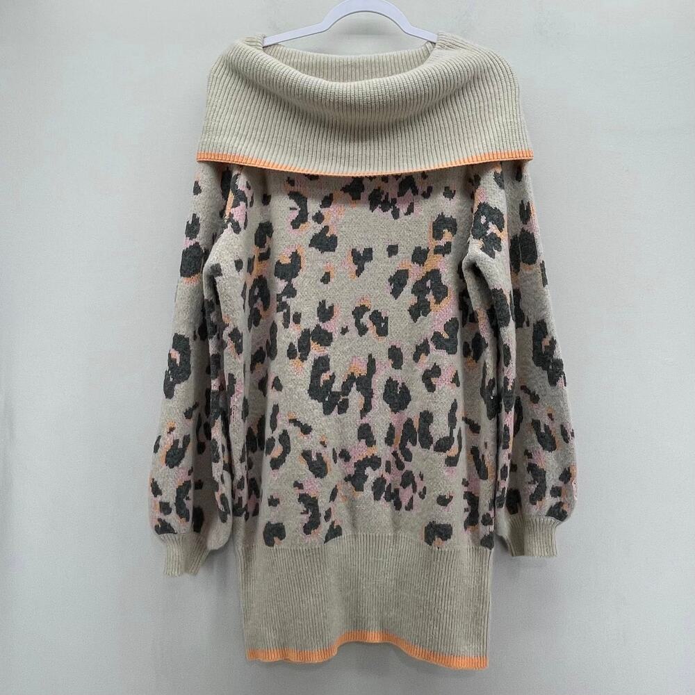 ee:some Cowl Neck‎ Tunic Sweater Womens Medium Gray Peach Leopard Print